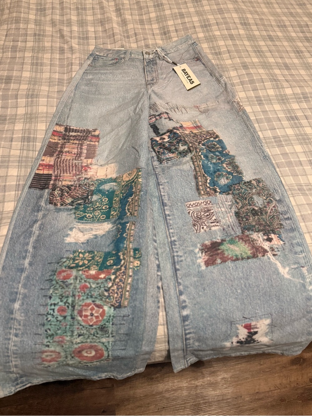 Bayeas Light Blue Patchwork Wide-Leg Jeans